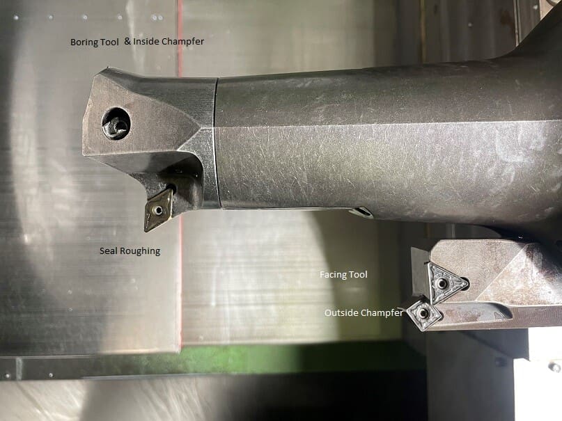 boring tooling and inside champfer, seal roughing, facing tool, outside champfer